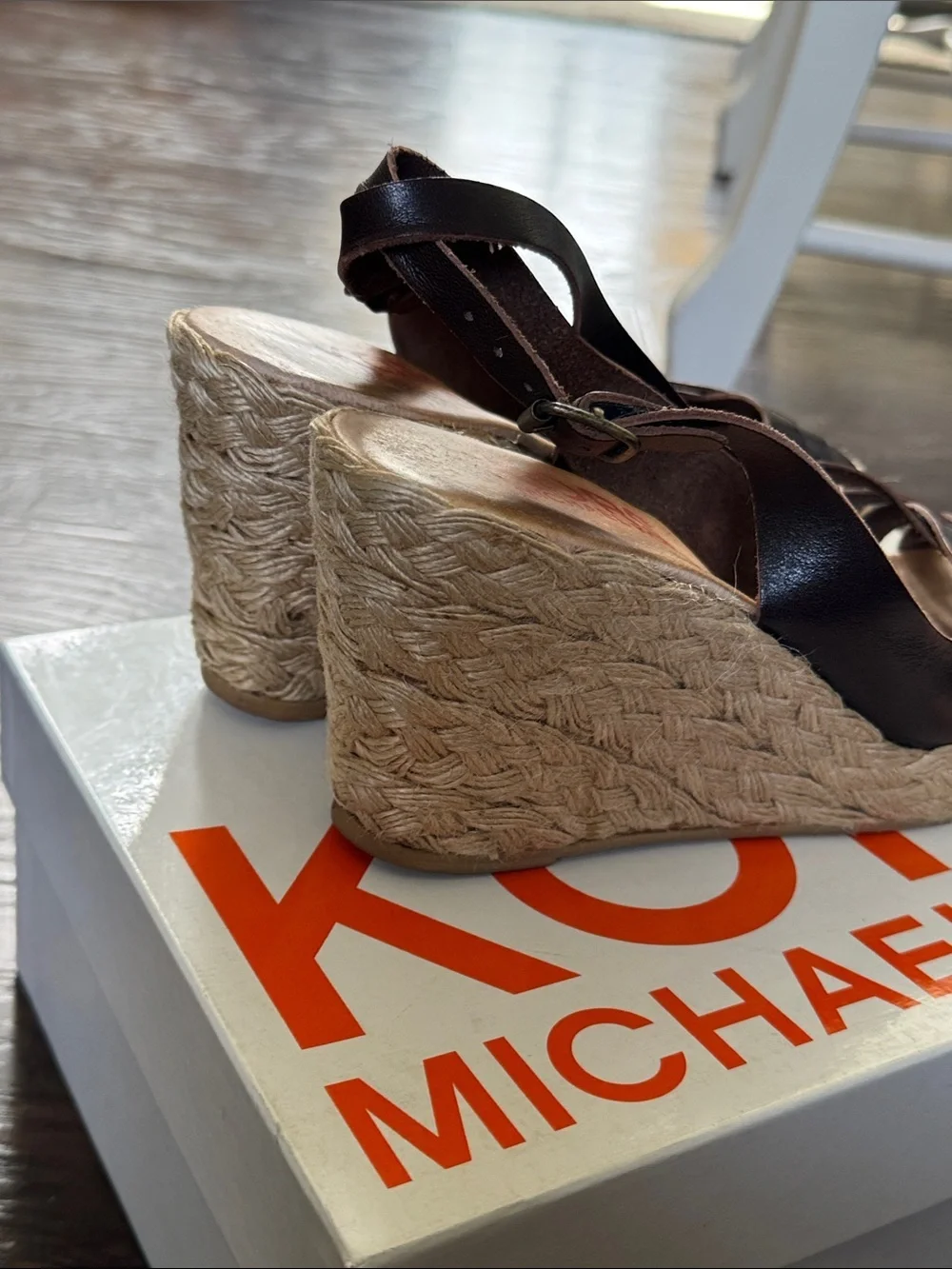 Michael Kors Dark Brown Leather Espadrille Wedge Sandals